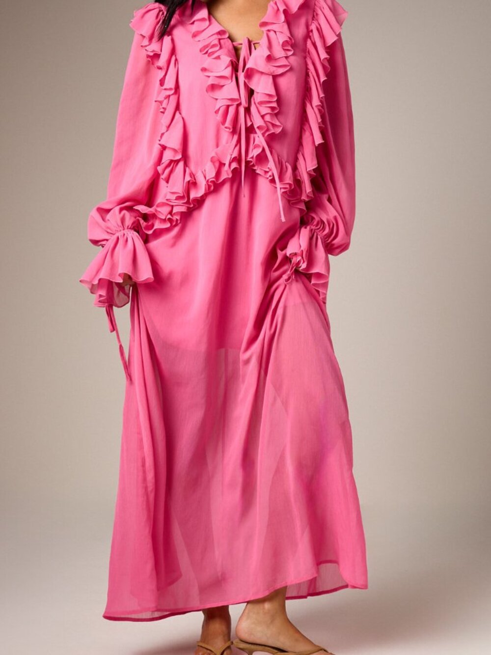 Hot Pink Cute Women's Regular Fit Ruffle V-Neck Tie Front Maxi Chiffon Dress